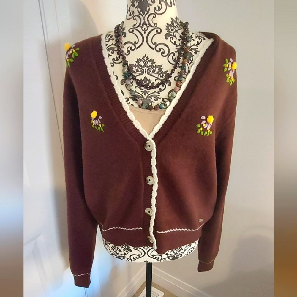 NWT Buffalo Brown Floral Embroidered Cardigan Sweater